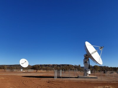 Two Viasat RTE 7.3m S/X/Ka-band ground stations in Alice Springs, Australia. Image provided courtesy of Centre for Appropriate Technologies, Alice Springs Australia.