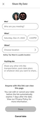 With the new Share My Date feature, Plenty of Fish members can easily share details about upcoming in-person dates with trusted contacts using just one click.