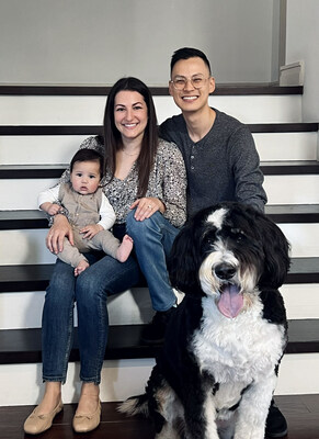 Dr. David Hsu with wife Chelsea, son Miles, and dog Bean.