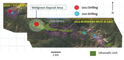 Figure 1: 2022 and 2021 drilling locations (Arch Target and Wellgreen Deposit) at the Nickel Shäw Project (CNW Group/Nickel Creek Platinum Corp.)