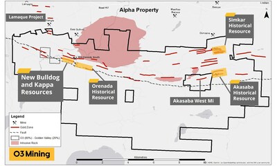 Figure 1: Alpha Property Surface Map (CNW Group/O3 Mining Inc.)