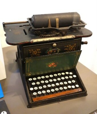 Remington No. 1 typewriter, made by Remington & Sons, Ilion, NY, 1873-1878. This is the first Sholes & Glidden model typewriter made by Remington & Sons