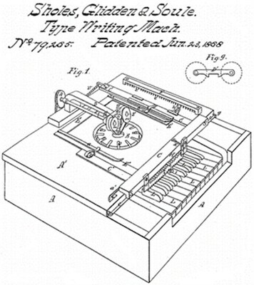Remington No. 1 typewriter, made by Remington & Sons, Ilion, NY, 1873-1878. This is the first Sholes & Glidden model typewriter made by Remington & Sons
