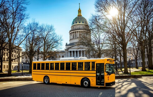 GreenPower’s Type D BEAST electric school bus in front of the West Virginia Capital