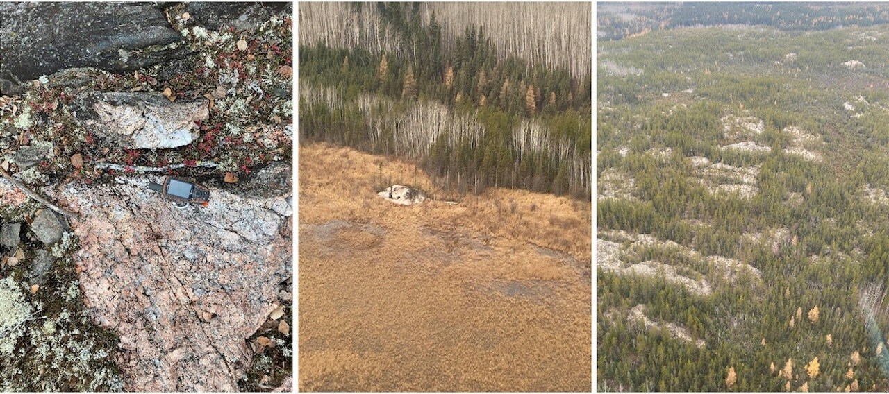 Figure 2: a) Quartz Feldspar Pegmatite, b) outcropping pegmatite from the swamp c) outcropping leucogranites in the northwest of the property.