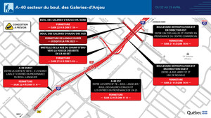 Fermeture complète de l'autoroute 40 (Métropolitaine) dans le secteur du boulevard des Galeries d'Anjou les 22 et 23 avril 2023