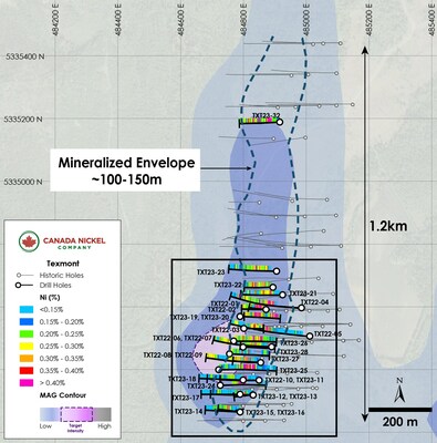 Figure 1 – Plan View of Texmont –Drill results Overlain on TMI (Black rectangle is southern area) (CNW Group/Canada Nickel Company Inc.)