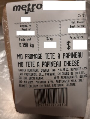 Présence non déclarée d'œufs dans le fromage Tête à Papineau vendu et emballé chez Metro