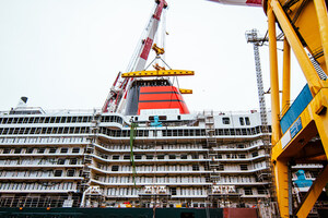 Queen Anne Crowned with Iconic Red and Black Cunard Funnel in Latest Construction Milestone at Fincantieri