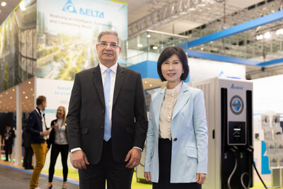 Mrs. Shan-Shan Guo, Chief Brand Officer from Delta Electronics, and Mr. Dalip Sharma, President and GM of Delta Electronics EMEA at Hannover Messe 2023