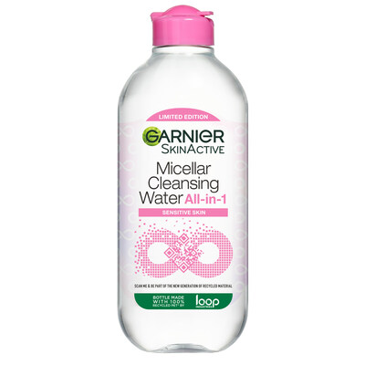 Garnier’s first Micellar Cleansing Water in a 100% upcycled bottle in collaboration with Loop Industries Excluding cap