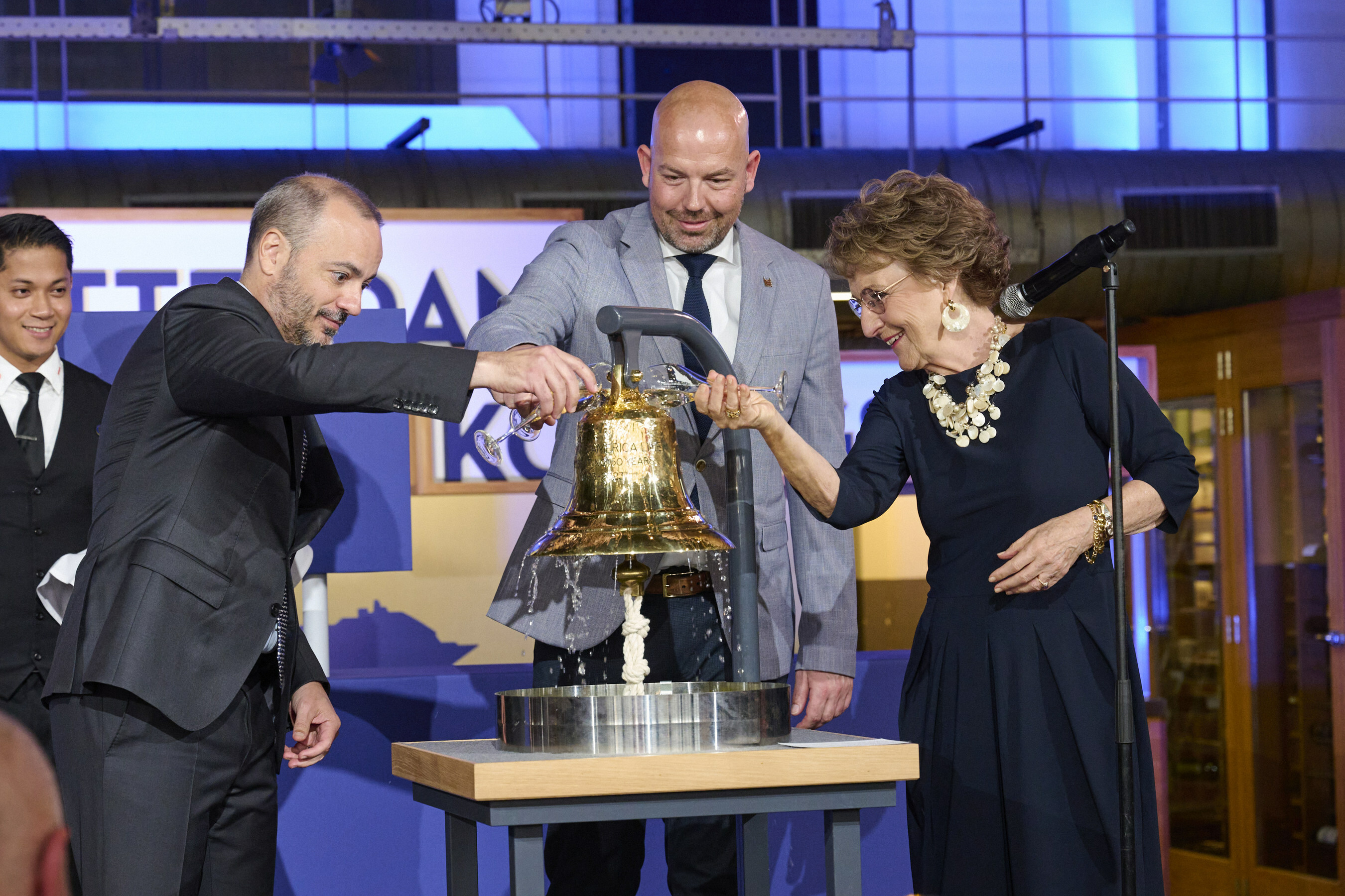 L-R: Princess Margriet of the Netherlands, Roel Dusseldorp (GM of Hotel New York), and Holland America Line President Gus Antorcha (Image at LateCruiseNews.com - April 2023)