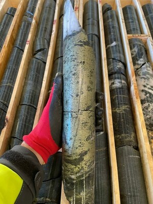 Figure 3 – Drill hole LRD145 intersected 0.40m of 16.1% copper, 0.08% tin, 68.1g/t silver and 0.06% cobalt from approximately 84.90m downhole. (CNW Group/Pan Global Resources Inc.)