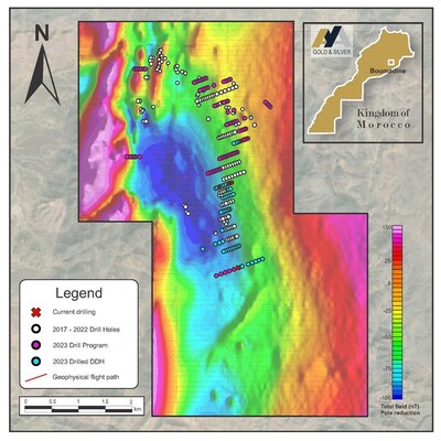 Figure 1 - Surface Plan of Boumadine Property with Magnetic Data (Residual Total Field) and 2023 Drill Holes (CNW Group/Aya Gold & Silver Inc)