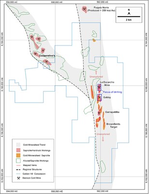 Figure 1: Property map of Golden Hill, showing the extent of gold mineralisation on the property. (CNW Group/Mantaro Precious Metals Corp.)