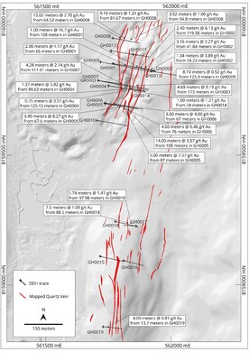 Figure 2: Planview map showing 2022 drillholes at La Escarcha and Gabby with highlight intercepts. (CNW Group/Mantaro Precious Metals Corp.)