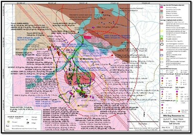 Figure 7. Historic exploration data at Kesar Creek project showing trench, soil and rock assay results with key geological features previously mapped by Highlands Gold Ltd. and Barrick PNG Ltd. (CNW Group/Fosterville South Exploration Ltd.)