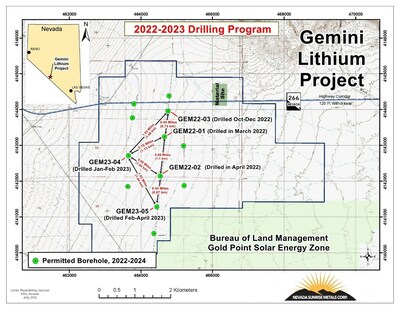 Figure 2: Gemini Lithium Project Borehole Locations, April 2023 (CNW Group/Nevada Sunrise Gold Corporation)