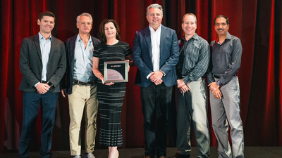 Hughes receives the Fortinet SD-WAN Partner of the Year. Pictured, left to right: Josh Swan, national partner manager, Fortinet; Charlie Hatfield, vice president, Strategic Partnerships, Hughes; Colleen Caruso, vice president, Sales Engineering & Operations, Hughes; Matt Pley, senior vice president, U.S. Sales, Fortinet; Bill Rumancik, senior director, Enterprise Solutions, Hughes; and Ajit Kumar, vice president, Enterprise Network Engineering, Hughes.
