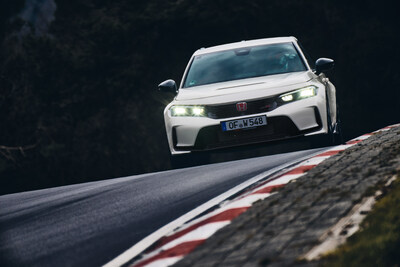 The all-new 2023 Honda Civic Type R, the most powerful Honda production vehicle ever sold in the U.S., has set a new track record for a front-wheel drive car1 around the iconic 20.8-kilometer Nürburgring Nordschleife in Germany—considered the most challenging road circuit ever devised—during testing and performance evaluation.