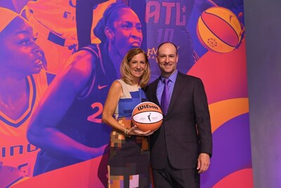 WNBA Commissioner Cathy Engelbert and Adam Symson, President and CEO of The E.W. Scripps Company, at the 2023 WNBA Draft presented by State Farm in New York City on April 10. Credit: NBA Photos