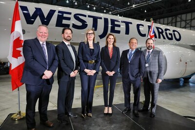 From left: Trevor McPherson, President and CEO, Mississauga Board of Trade, Julien Carron, Greater Toronto Airports Authority, Associate Director, Air Carrier Service Development,  Kirsten de Bruijn, WestJet Executive Vice-President, Cargo, Honourable Caroline Mulroney, Ontario’s Minister of Transportation, Mario (Mauro) D'Urso, Chairman of The GTA Group of Companies, Mayer Michalowicz, Chief Operating Officer, GTA Group (CNW Group/WESTJET, an Alberta Partnership)
