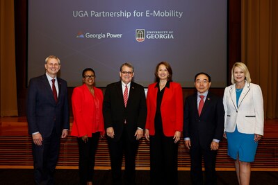 UGA and Georgia Power officials gathered Friday for the announcement of the Georgia Power gift to the university at the Electric Mobility Summit at the Georgia Center for Continuing Education & Hotel. Pictured left to right are Donald Leo, College of Engineering dean; Bentina Terry, senior vice president of customer strategy and solutions at Georgia Power; UGA President Jere W. Morehead; Kim Greene, chairman, president and CEO of Georgia Power; Senior Vice President for Academic Affairs and Provost S. Jack Hu; and Meredith Lackey, executive vice president of external affairs and nuclear development at Georgia Power. (Andrew Davis Tucker/UGA)