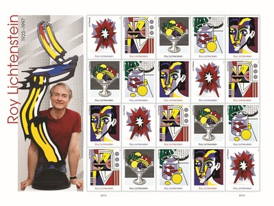 For the caption: Artist Roy Lichtenstein pictured alongside five of his works of pop art.