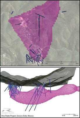 Figure 3: Plan map and oblique section showing the location of the > 30 mv/v chargeability anomaly centered around current drilling. (CNW Group/Regency Silver Corp)