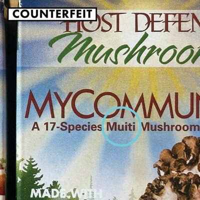 Counterfeit MyCommunity cartons can be identified by a misspelling of the word “Multi” on the primary display panel (it reads “Muiti”).