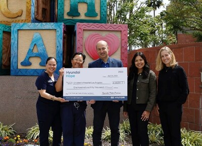 (left to right) Helen Arbogast, PhD, MPH, injury prevention program manager, Children's Hospital Los Angeles (CHLA), Dr. Cathy Shin, trauma medical director, CHLA, Brian Latouf, global chief safety officer, Hyundai Motor Company, Raelynn Blackwell, senior manager, corporate social responsibility, Hyundai Motor America, Allison Fell, trauma program manager, CHLA in Los Angeles, Calif. on April 24, 2023. (Photo/Hyundai)