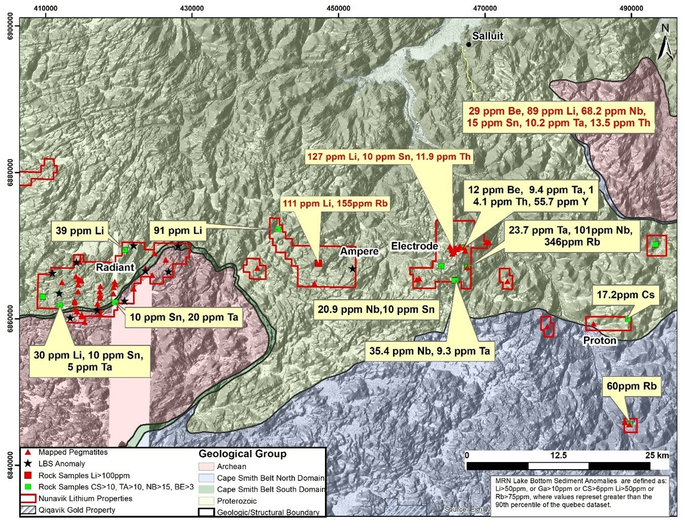 Figure 1: Map of Orford Mining Nunavik Region Critical Metals North Group of Exploration Properties shown on Regional Geology and Digital Elevation Model.  
Note that grab samples are selective by nature and values reported may not be representative of mineralized zones.  The MRN Data contained in this release were obtained from Quebec Ministry of Energy and Natural Resources (“MRN”) and has not been independently verified by a Qualified Person as defined by NI 43- 101 (CNW Group/Orford Mining Corporation)
