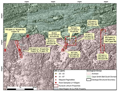 Figure 2: Plan Map of Orford Mining Nunavik Region Critical Metals South Group of Exploration Properties Regional Geology and DEM.   
Note that grab samples are selective by nature and values reported may not be representative of mineralized zones.  The MRN Data contained in this release were obtained from Quebec Ministry of Energy and Natural Resources (“MRN”) and has not been independently verified by a Qualified Person as defined by NI 43- 101 (CNW Group/Orford Mining Corporation)