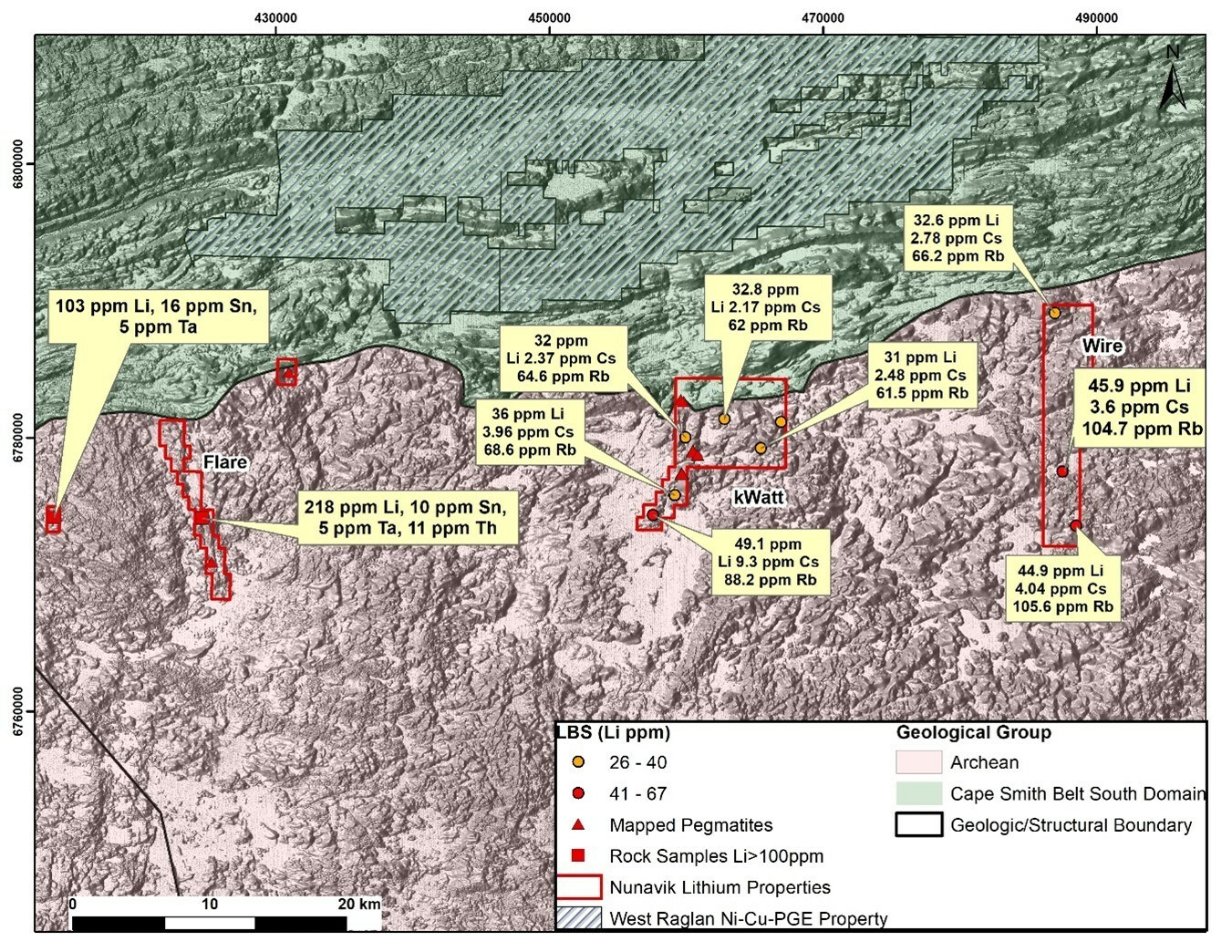 Figure 2: Plan Map of Orford Mining Nunavik Region Critical Metals South Group of Exploration Properties Regional Geology and DEM.   
Note that grab samples are selective by nature and values reported may not be representative of mineralized zones.  The MRN Data contained in this release were obtained from Quebec Ministry of Energy and Natural Resources (“MRN”) and has not been independently verified by a Qualified Person as defined by NI 43- 101 (CNW Group/Orford Mining Corporation)