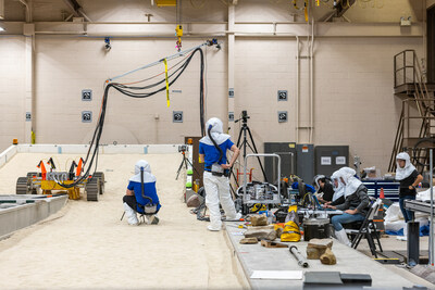 NASA's Volatiles Investigating Polar Exploration Rover, or VIPER, conducts mobility testing at NASA Glenn's Simulated Lunar Operation Laboratory (SLOPE). Credit: Bridget Caswell/Alcyon Technical Services, LLC.