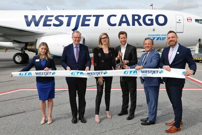 WestJet Cargo and the GTA Group’s celebration tour concludes with ribbon cutting commemorating the third inauguration of dedicated freighter in Vancouver. (CNW Group/WESTJET, an Alberta Partnership)