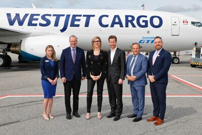 From left: Shaena Furlong, President and CEO, Richmond Chamber of Commerce, Bruce Ralston, Minister of Forests and Minister responsible for the Consular Corps, Kirsten de Bruijn, WestJet Executive Vice-President, Cargo, Alexis von Hoensbroech, Chief Executive Officer, the WestJet Group, Mario (Mauro) D'Urso, Chairman of The GTA Group of Companies and Andy Margolis, Vice President, Operations & Chief Operations Officer, Vancouver Airport Authority (CNW Group/WESTJET, an Alberta Partnership)