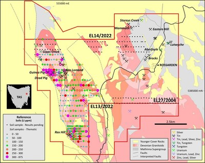 Figure 2: Aberfoyle project lithium ppm soil sampling results, highlighting the coherent lithium anomaly defined in the Dead Pig-Guinea Pig and Rex Hill area. Results from samples in the east are pending. (CNW Group/TinOne Resources Corp.)