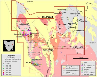 Figure 3. Aberfoyle project tin ppm soil sampling results, highlighting the coherent lithium anomaly defined in the Dead Pig-Guinea Pig and Rex Hill area. Results from samples in the east are pending. (CNW Group/TinOne Resources Corp.)