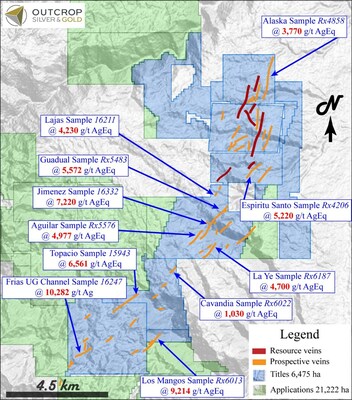 Map 2. Santa Ana – prospective veins discovered to date that are drill permitted and could potentially increase the resource. Underground channel samples from historic workings and rock samples from outcrop. (CNW Group/Outcrop Silver & Gold Corporation)