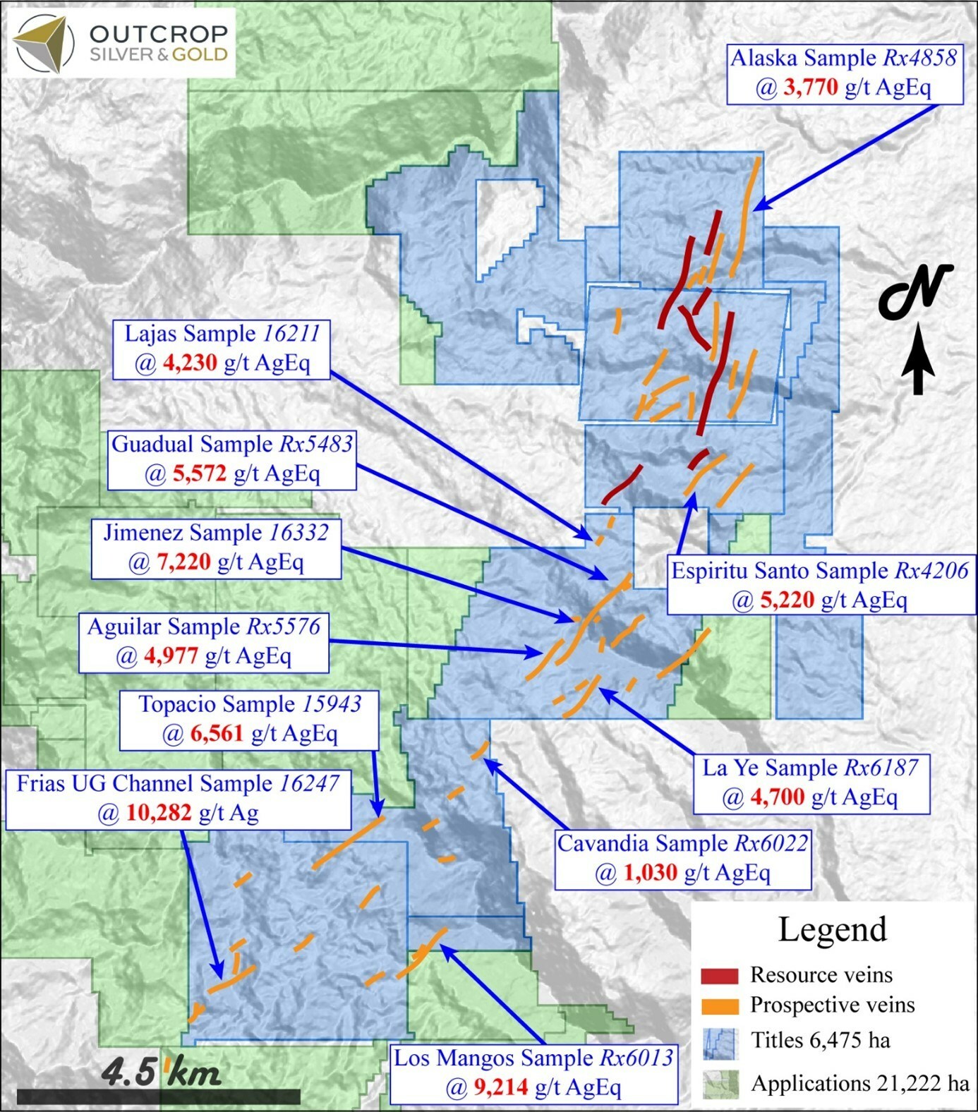 Map 2. Santa Ana – prospective veins discovered to date that are drill permitted and could potentially increase the resource. Underground channel samples from historic workings and rock samples from outcrop. (CNW Group/Outcrop Silver & Gold Corporation) Map 2. Santa Ana – prospective veins discovered to date that are drill permitted and could potentially increase the resource. Underground channel samples from historic workings and rock samples from outcrop. (CNW Group/Outcrop Silver & Gold Corporation)