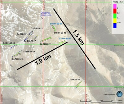 Figure 1. Location of reported holes from the La Gringa target. CuEq (%) is shown along the hole trace to highlight the large size of the geochemical anomaly associated with the La Gringa porphyry system.  Holes from the 2021/2022 exploration season are shown in blue and holes from the current season (2022/2023) are shown in black. (CNW Group/Sable Resources Ltd.)