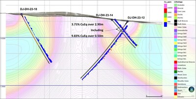 Figure 2. Cross section along drill holes DJ-DH-23-12, 14, and 18 with chargeability section on the background. (CNW Group/Sable Resources Ltd.)