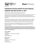 CANADIAN UTILITIES LIMITED TO HOLD ANNUAL GENERAL MEETING ON MAY 3, 2023 (CNW Group/Canadian Utilities Limited)