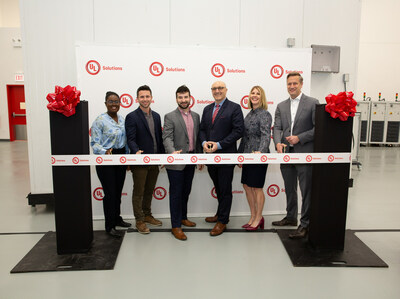 UL Solutions North America Advanced EV Charging Laboratory in Northbrook, Illinois. Pictured left to right: Yasmeen Bankole, outreach director, Office of U.S. Senator Richard Durbin, Jake Kaplan, district director, Office of U.S. Congressman Bradley Schneider, Peter Danos, suburban community outreach and grants coordinator, Office of U.S. Senator Tammy Duckworth, Milan Dotlich, VP and GM, UL Solutions, Kathy Seegebrecht, regional VP, UL Solutions and Jeffrey Smidt, SVP, UL Solutions.