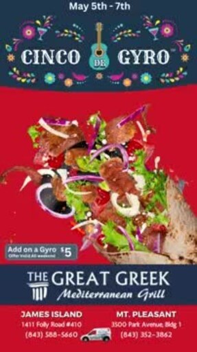 Customers can add a mouthwatering lamb gyro to any order for just $5! during Great Greek Charleston's Cinco de Gyro™ promotion.