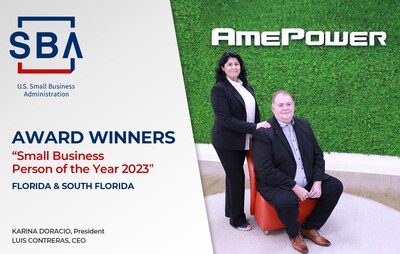 AmePower' Karina Doracio and Luis Contreras awarded as Florida’s Small Business Person of the Year in Washington, D.C. thanks to their innovative contribution to high-power energy conversion solutions in favor of sustainable development in the USA and across the globe