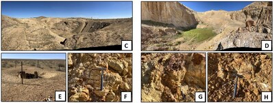 Figure 1 – Kramer Hills geology and gold occurrences (1A) and the distribution of mineral occurrences, mine shafts and prospect pits (1B); Shaharald historical open pit #1 (1C,1D); Shaharald historical shaft (1E); silica-clay-goethite-jarosite altered clastic metasedimentary rocks exposed in the Shaharald historical open pit #1 (1F, 1G, 1H). (CNW Group/Zacapa Resources)