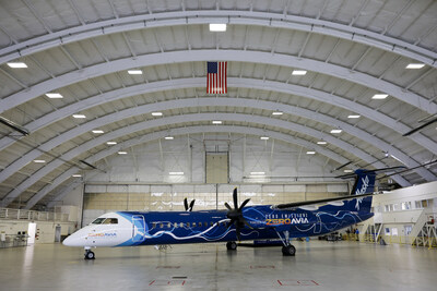 May 1, 2023; Everett, WA, USA; Alaska Airlines donates a Q400 to ZeroAvia for development of hydrogen propulsion technology at Paine Field. Demonstration of propellers driven by HyperTruck ground-test rig. Mandatory Credit: Joe Nicholson-Alaska Airlines