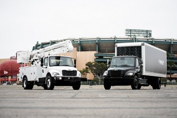 battery electric Freightliner eM2 
a Daimler Truck North America brand
